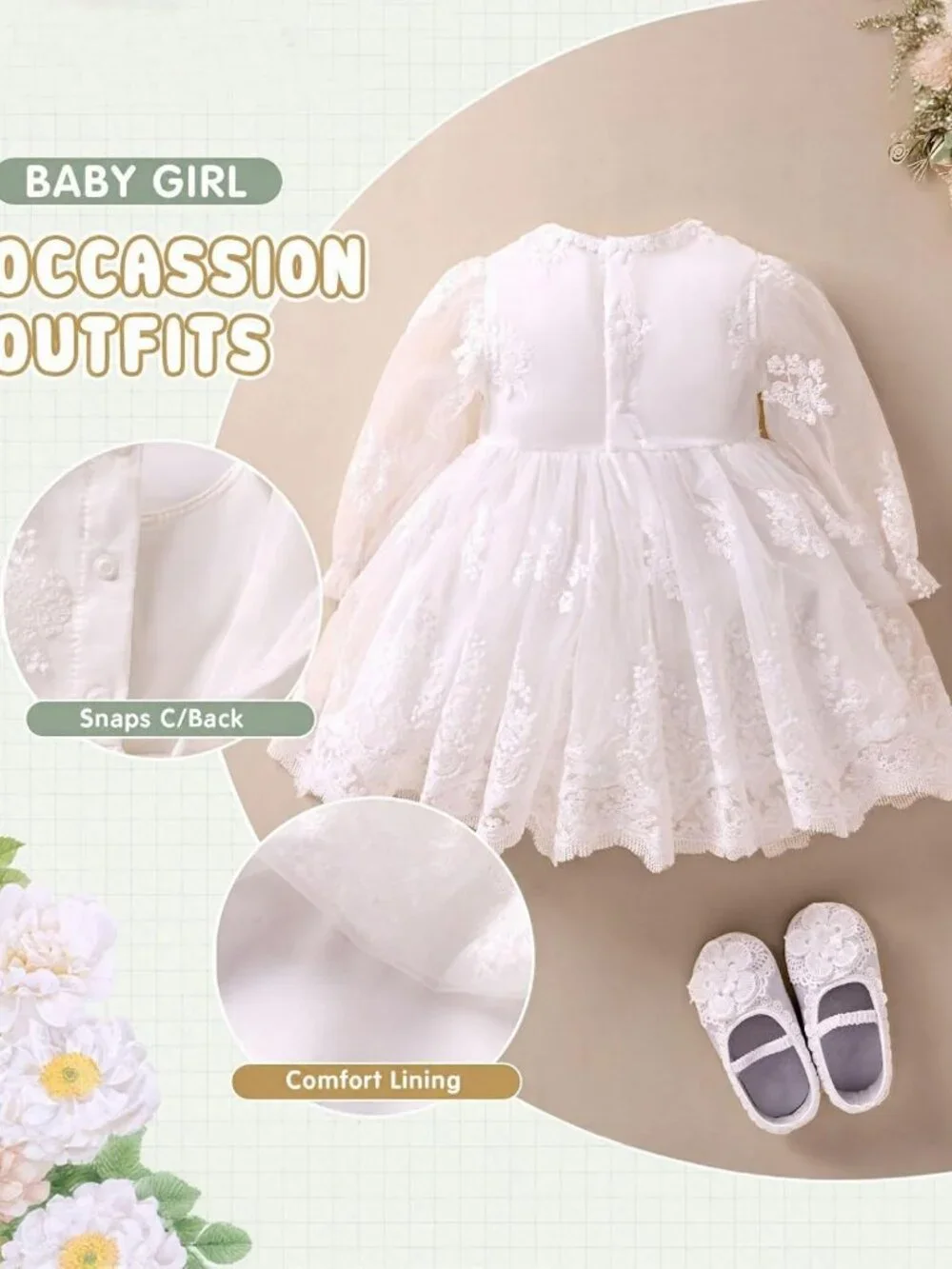 Adorable Floral Baby Girl Dress Set 0-9 Months | Baptism Outfit with Shoes